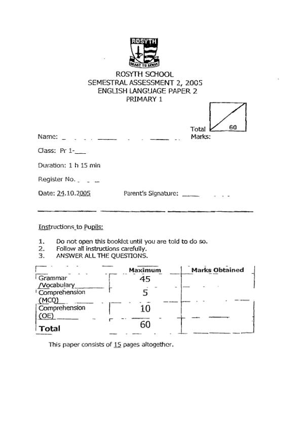 Rosyth P1 Eng SA2 2005 exam paper PDF preview