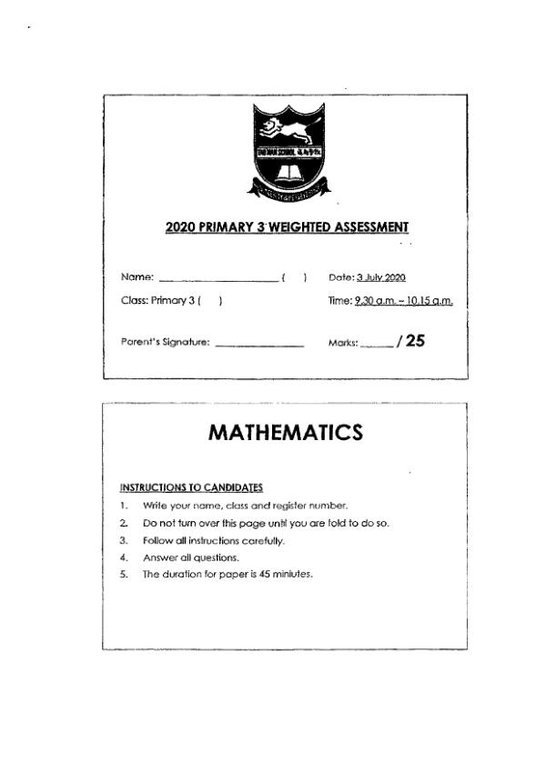 First page preview of P3 Math 2020 WA3 — Tao Nan