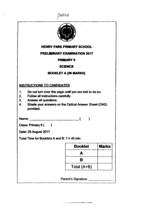 Henry Park P6 Sci SA2 2017 exam paper PDF first page preview
