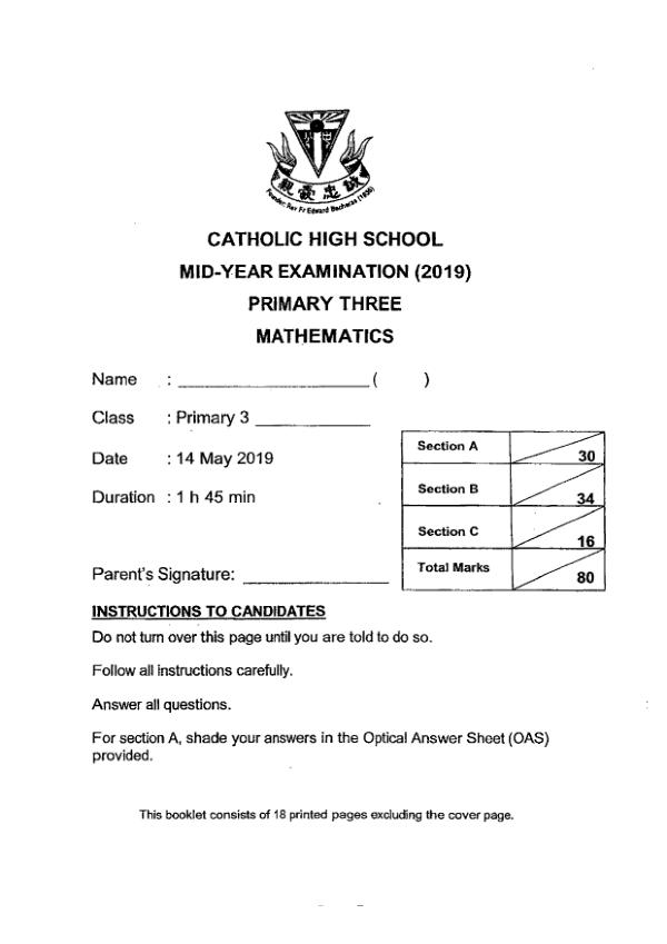First page preview of P3 Math 2019 WA2 — Catholic High