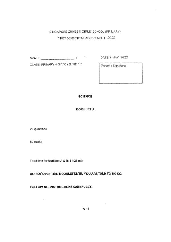 Singapore Chinese Girls P4 Sci WA2 2022 exam paper PDF preview