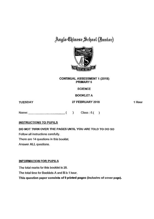 Anglo Chinese P6 Sci WA1 2018 exam paper PDF first page preview