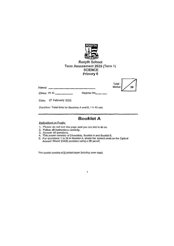 Rosyth P6 Sci WA1 2025 exam paper PDF first page preview