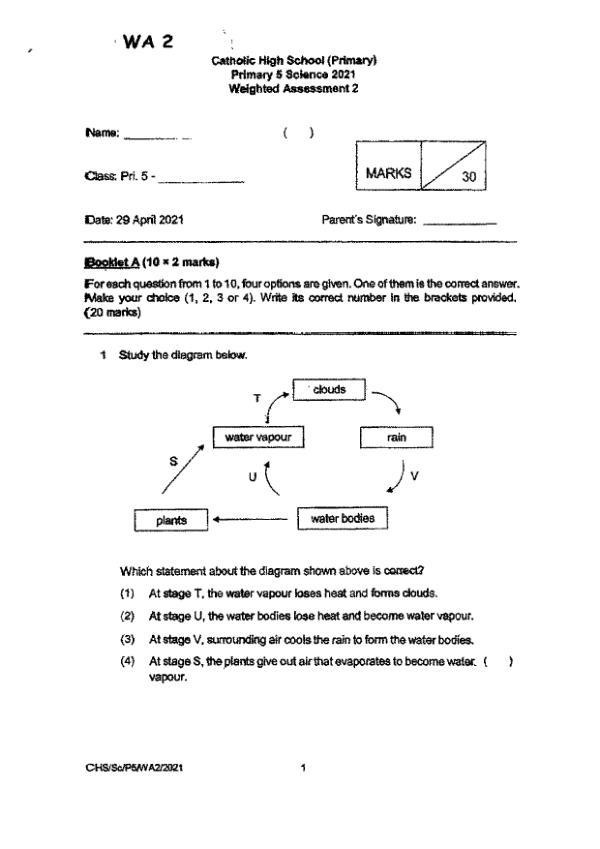 Catholic High P5 Sci WA2 2021 exam paper PDF first page preview