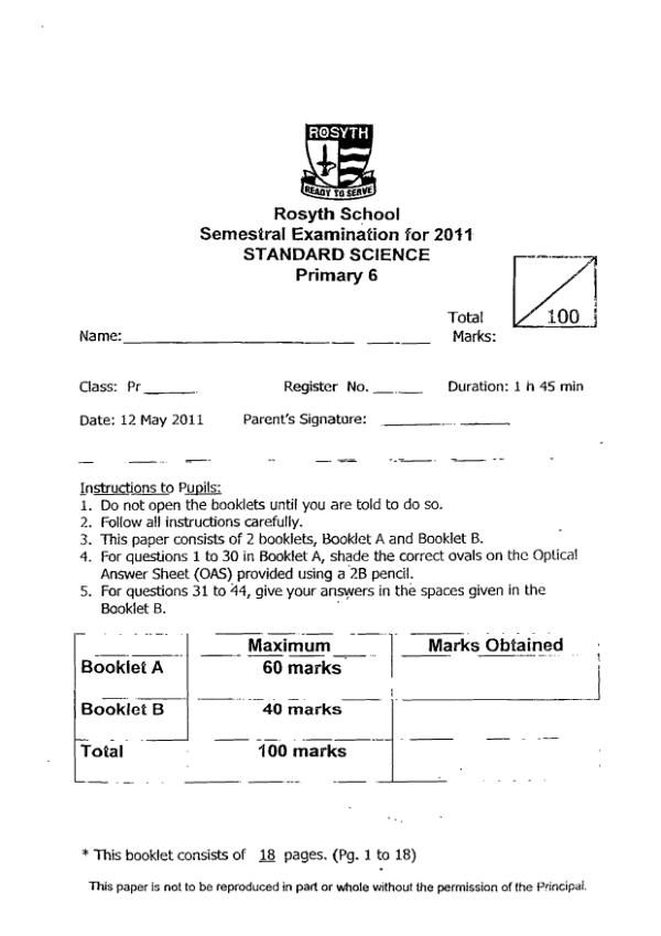 Rosyth P6 Sci WA2 2011 exam paper PDF preview