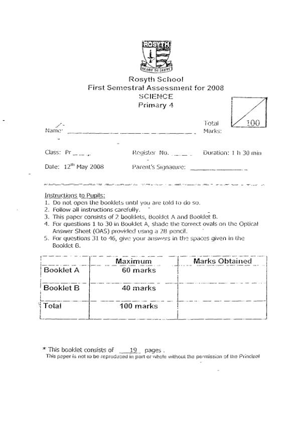 Rosyth P4 Sci WA2 2008 exam paper PDF preview