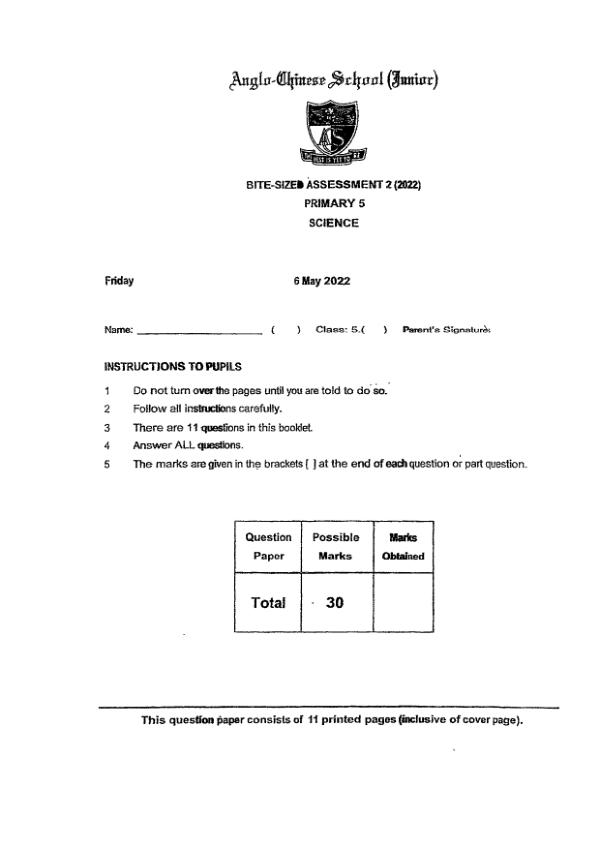 Anglo Chinese P5 Sci WA3 2022 exam paper PDF first page preview
