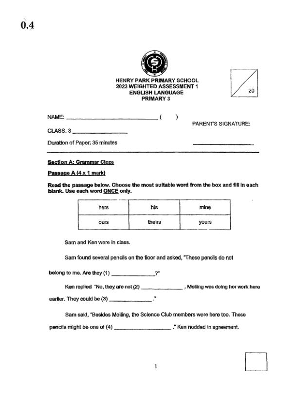 Henry Park P3 Eng WA1 2023 exam paper PDF preview