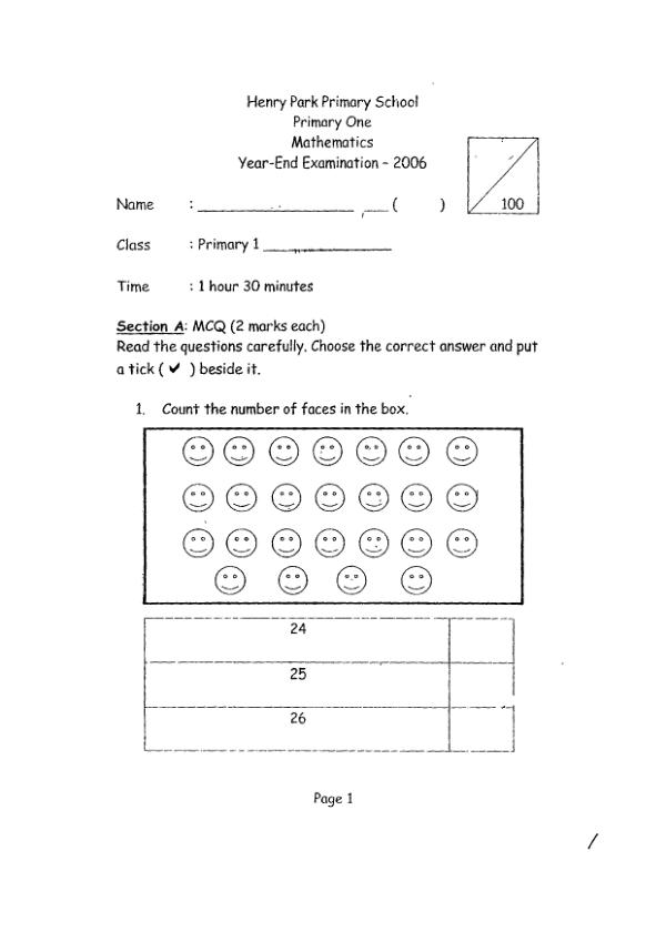 Henry Park P1 Math SA2 2006 exam paper PDF preview