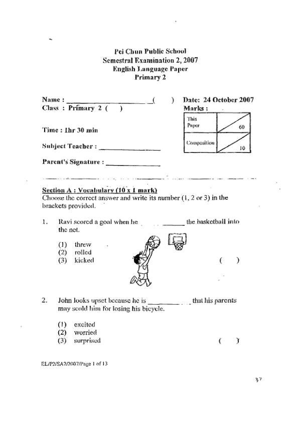 Pei Chun P2 Eng SA2 2007 exam paper PDF first page preview
