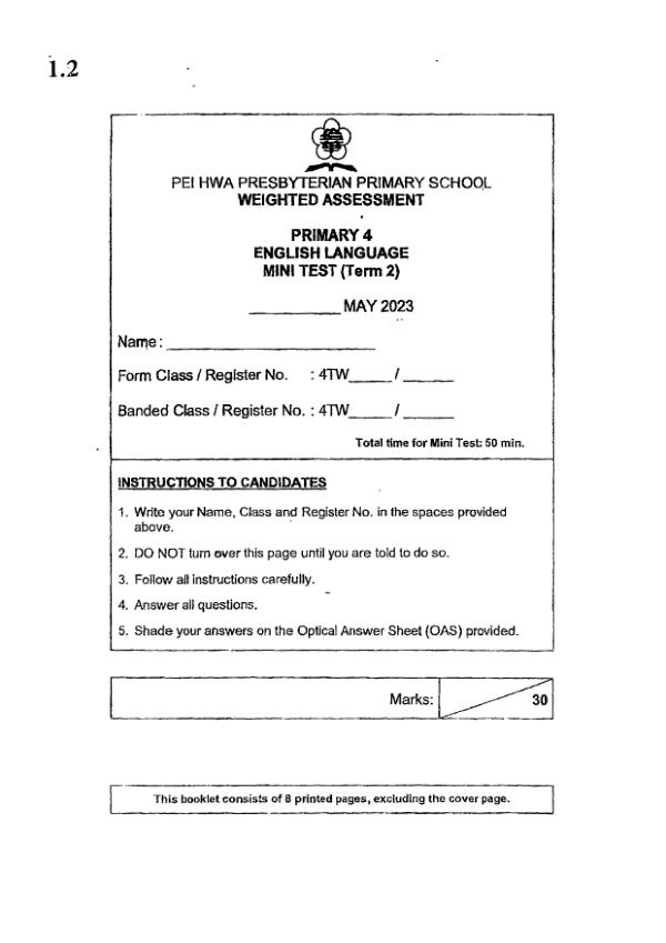 Pei Hwa P4 Eng WA2 2023 exam paper PDF first page preview
