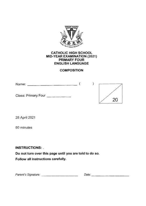Catholic High P4 Eng WA2 2021 exam paper PDF first page preview