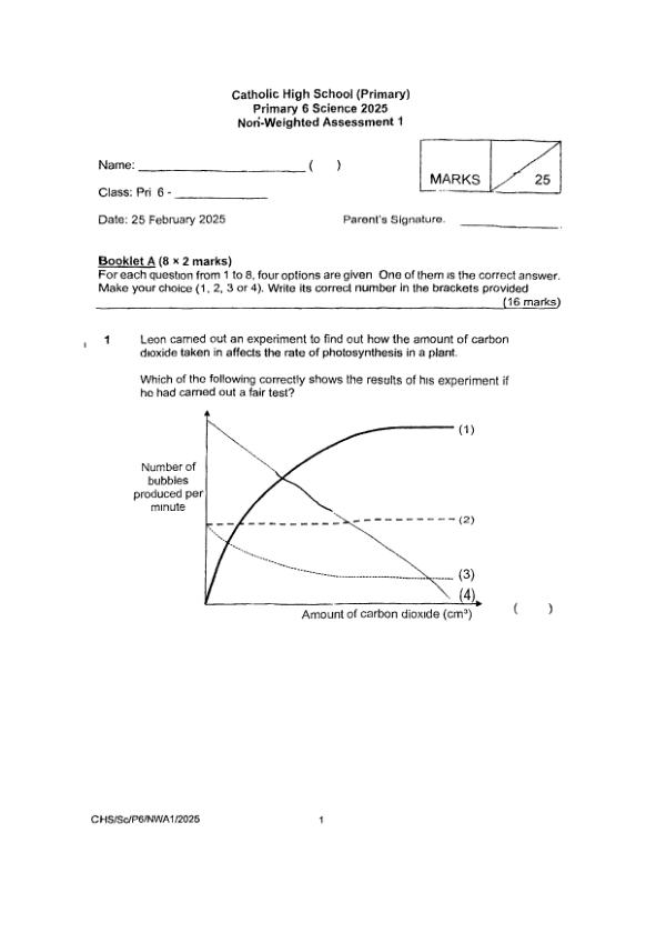 Catholic High P6 Sci WA1 2025 exam paper PDF first page preview