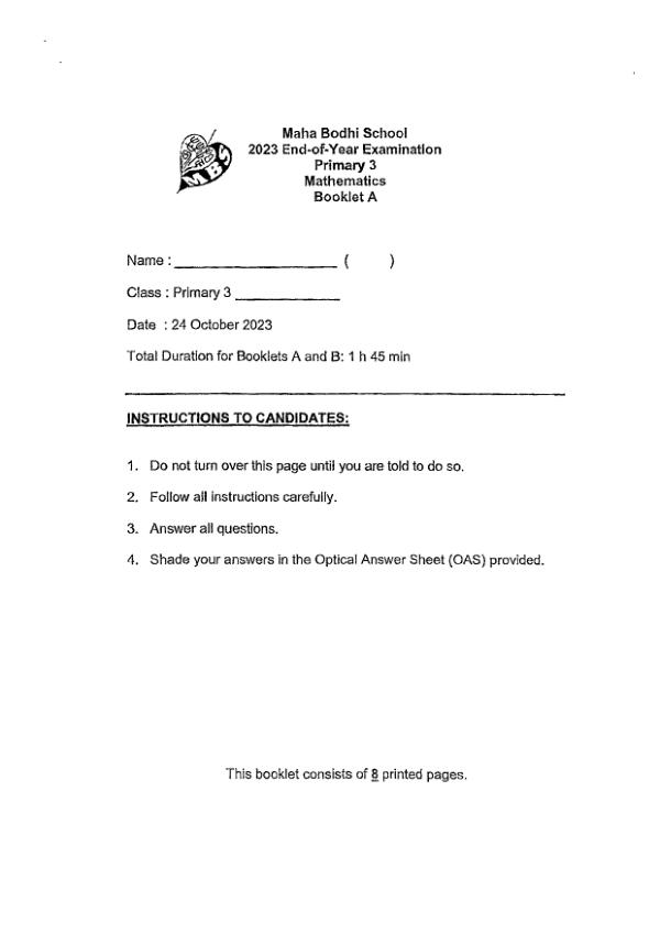 First page preview of P3 Math 2023 SA2 — Maha Bodhi