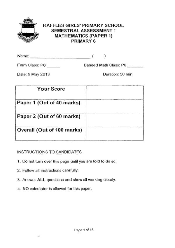 Raffles Girls P6 Math WA2 2013 exam paper PDF first page preview