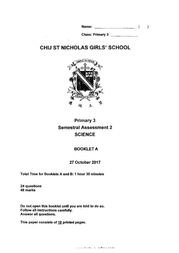 CHIJ P3 Sci SA2 2017 exam paper PDF first page preview