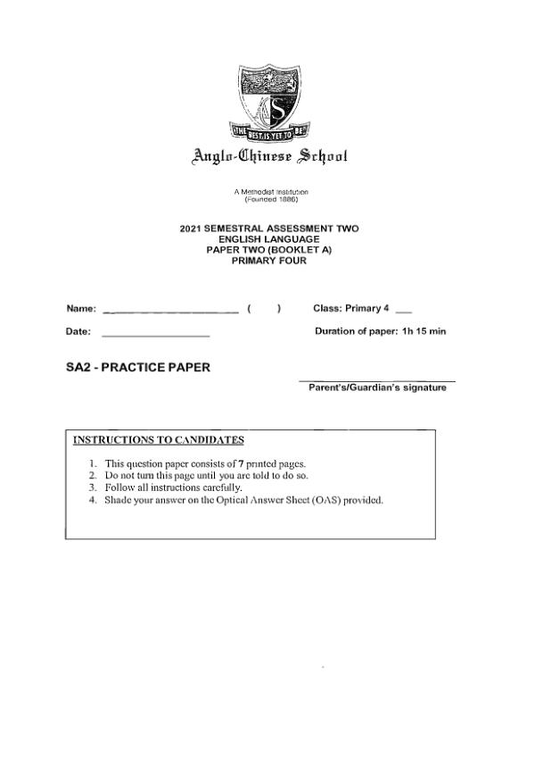 Anglo Chinese P4 Eng SA2 2021 exam paper PDF first page preview