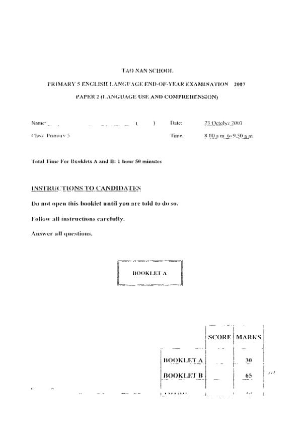 Tao Nan P5 Eng SA2 2007 exam paper PDF preview