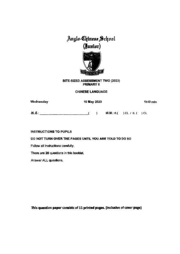 First page preview of P6 Chi 2023 WA2 — Anglo Chinese