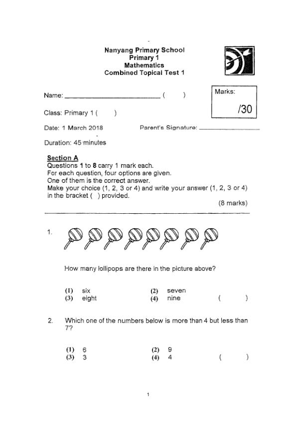 First page preview of P1 Math 2018 WA2 — Nanyang