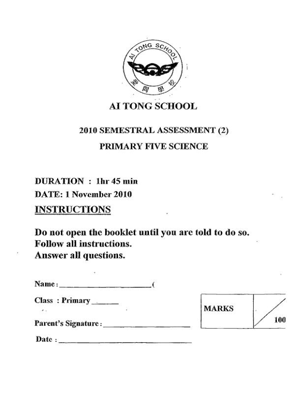 Ai Tong P5 Sci SA2 2010 exam paper PDF preview