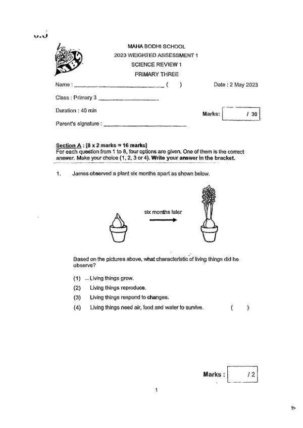 Maha Bodhi P3 Sci WA1 2023 exam paper PDF first page preview