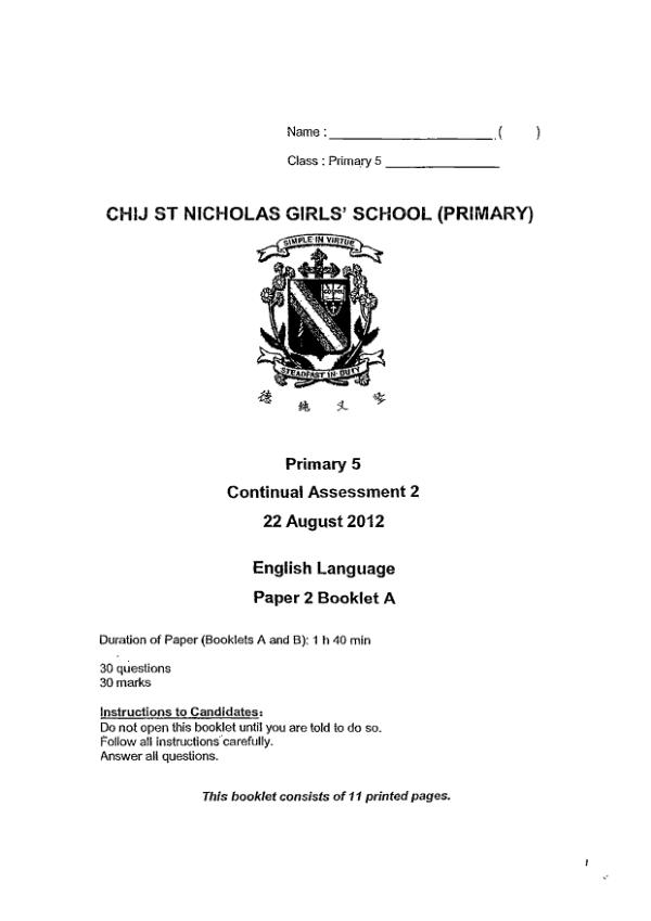 CHIJ P5 Eng WA3 2012 exam paper PDF first page preview