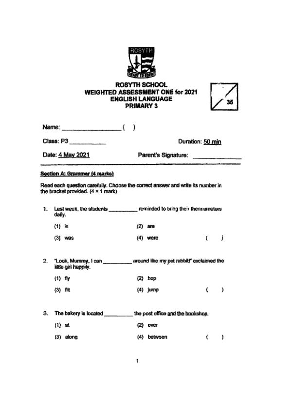 Rosyth P3 Eng WA2 2021 exam paper PDF first page preview