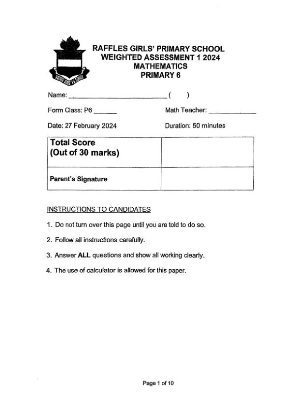 First page preview of P6 Math 2024 WA1 — Raffles Girls