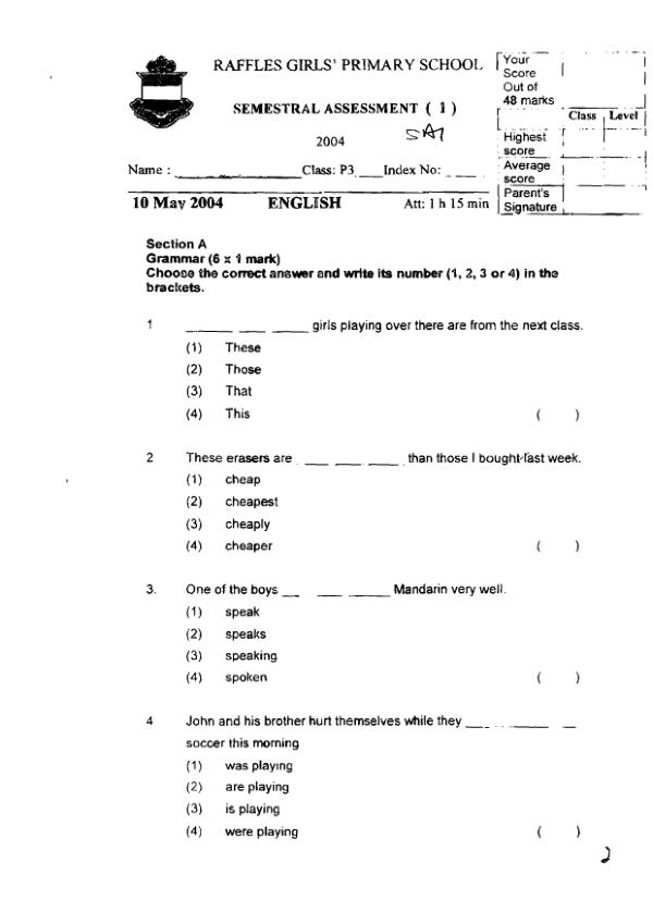 Raffles Girls P3 Eng WA2 2004 exam paper PDF preview