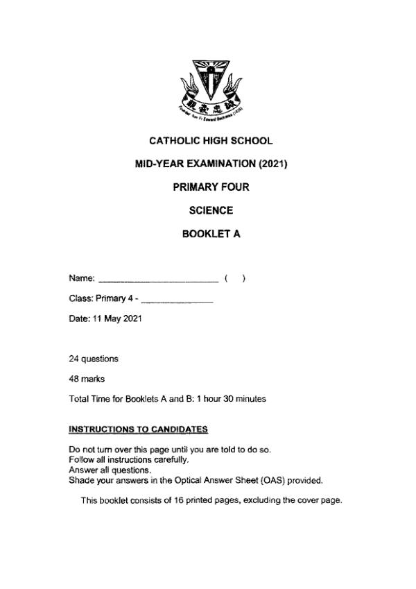 Catholic High P4 Sci WA2 2021 exam paper PDF first page preview