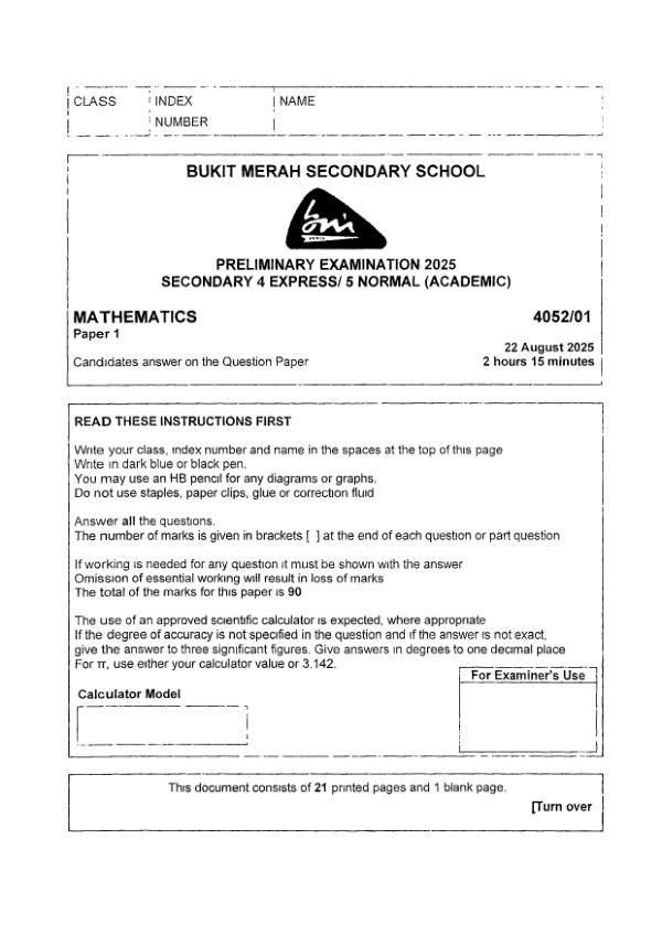 Bukit Merah Sec4 E_Maths Prelim 2025 exam paper PDF preview