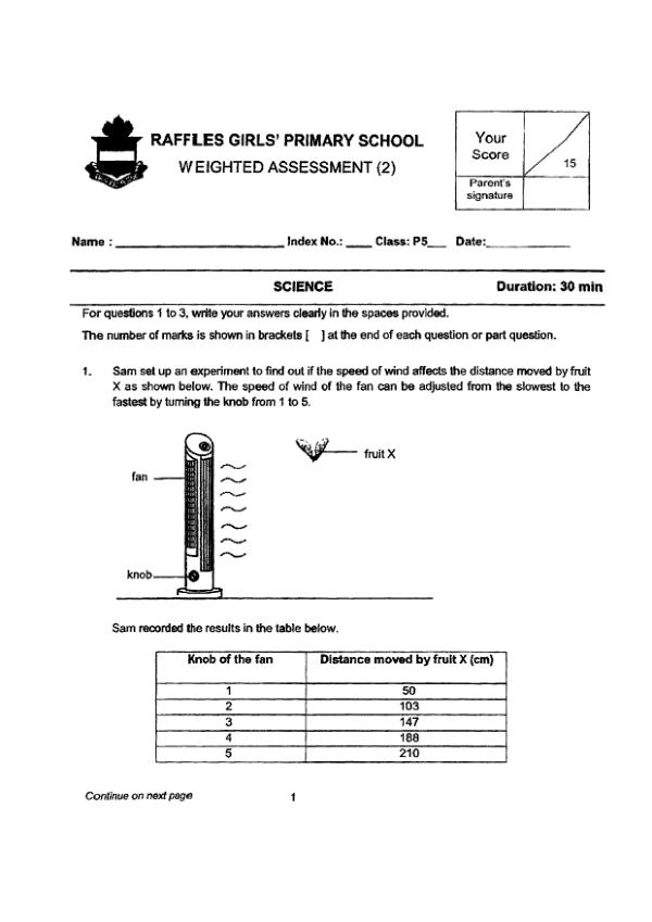 Raffles Girls P5 Sci WA3 2023 exam paper PDF preview