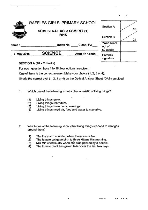 Raffles Girls P3 Sci WA2 2015 exam paper PDF first page preview
