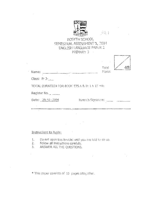 Rosyth P3 Eng SA2 2004 exam paper PDF first page preview