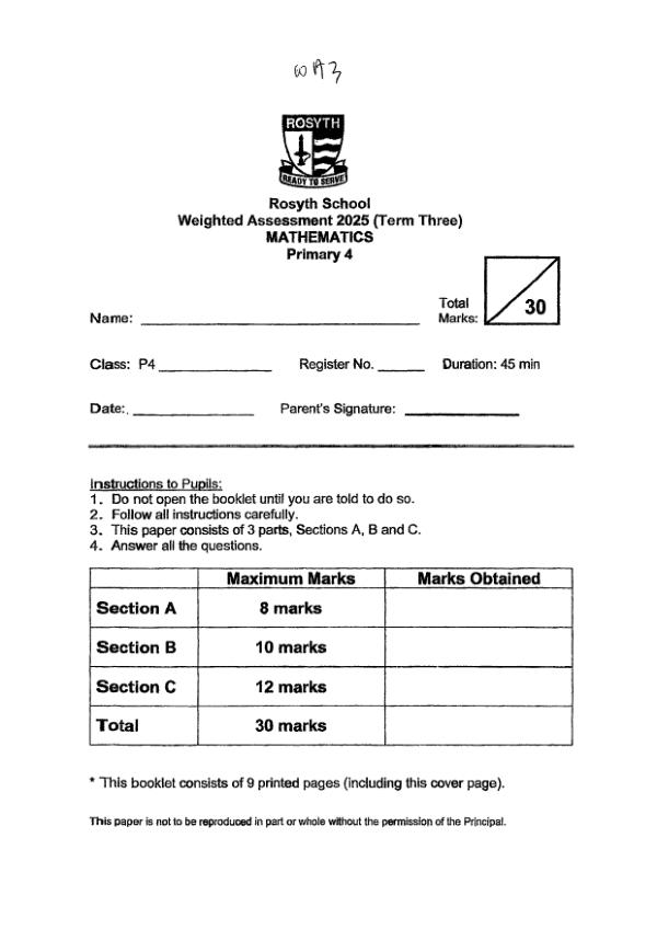 First page preview of P4 Math 2025 WA3 — Rosyth