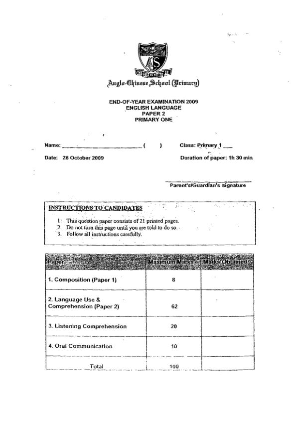 Anglo Chinese P1 Eng SA2 2009 exam paper PDF preview