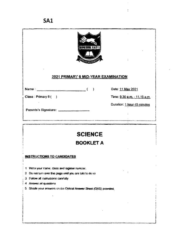 Tao Nan P6 Sci WA2 2021 exam paper PDF first page preview
