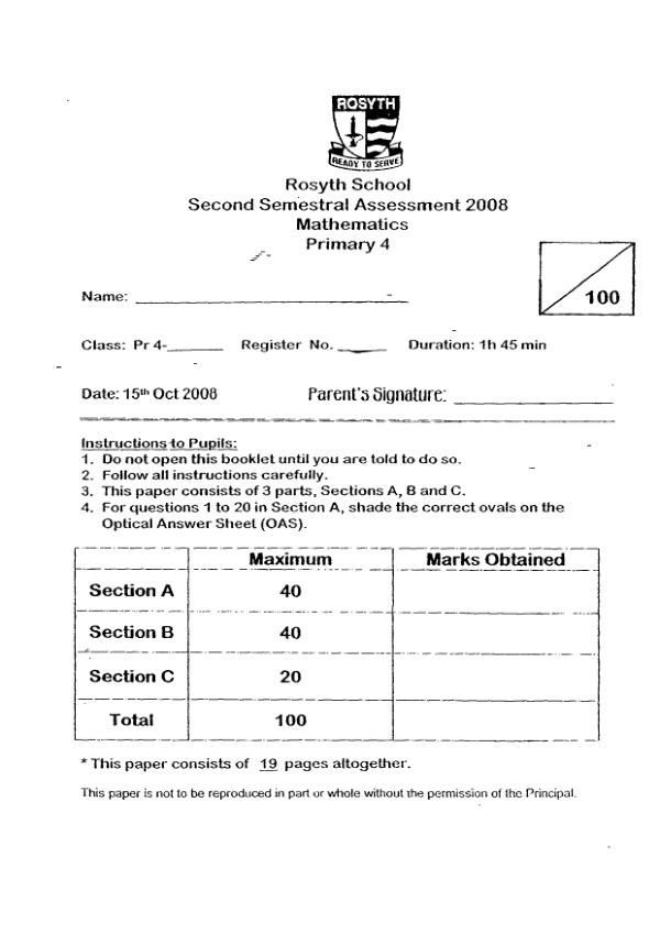 Rosyth P4 Math SA2 2008 exam paper PDF preview
