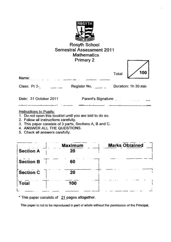 Rosyth P2 Math SA2 2011 exam paper PDF preview