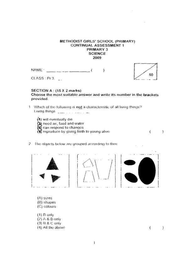 Methodist Girls P3 Sci WA1 2009 exam paper PDF preview