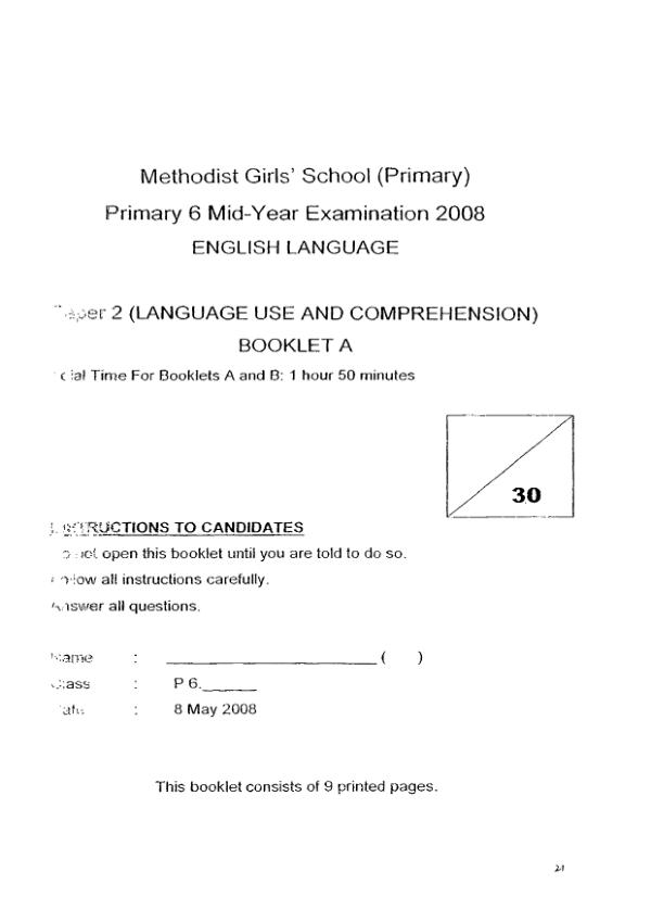 Methodist Girls P6 Eng WA2 2008 exam paper PDF first page preview