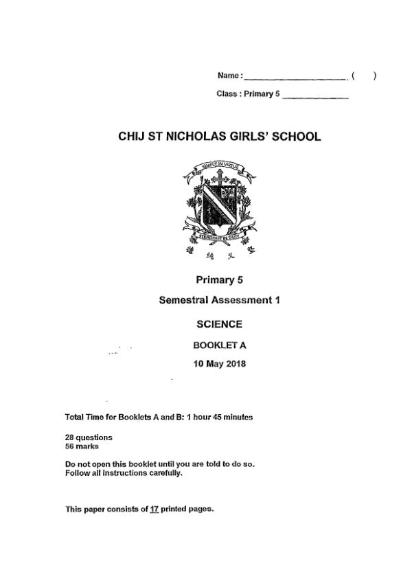 CHIJ P5 Sci WA2 2018 exam paper PDF first page preview
