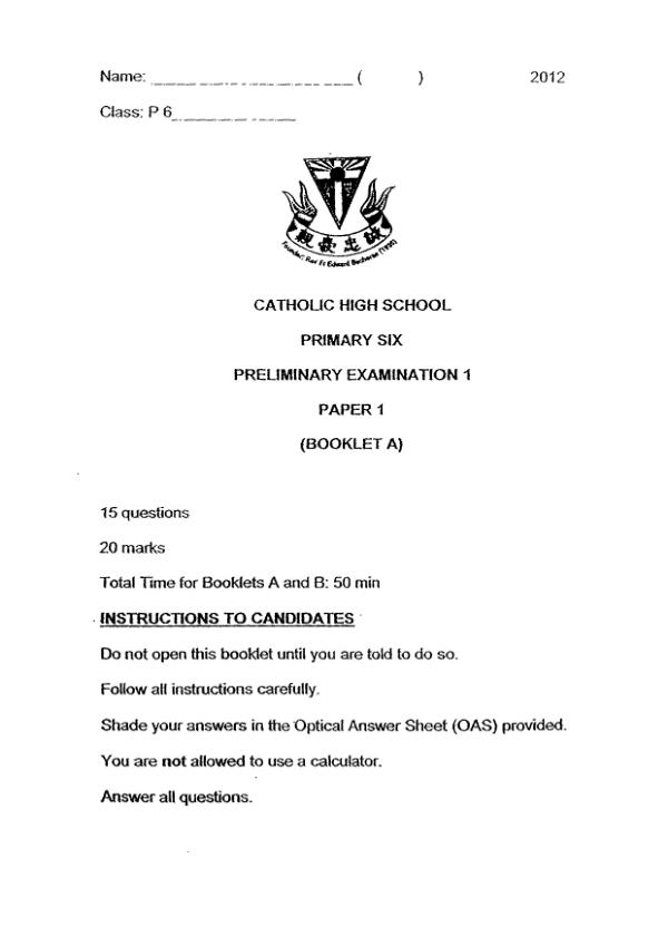 Catholic High P6 Math WA2 2012 exam paper PDF preview