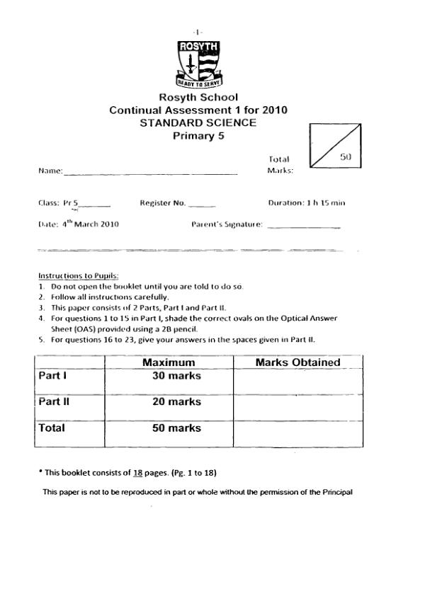 Rosyth P5 Sci WA1 2010 exam paper PDF preview