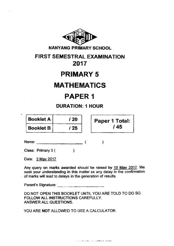 First page preview of P5 Math 2017 WA2 — Nanyang