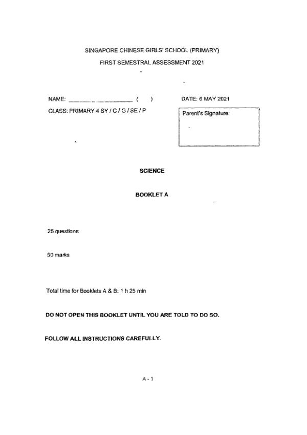 Singapore Chinese Girls P4 Sci WA2 2021 exam paper PDF preview