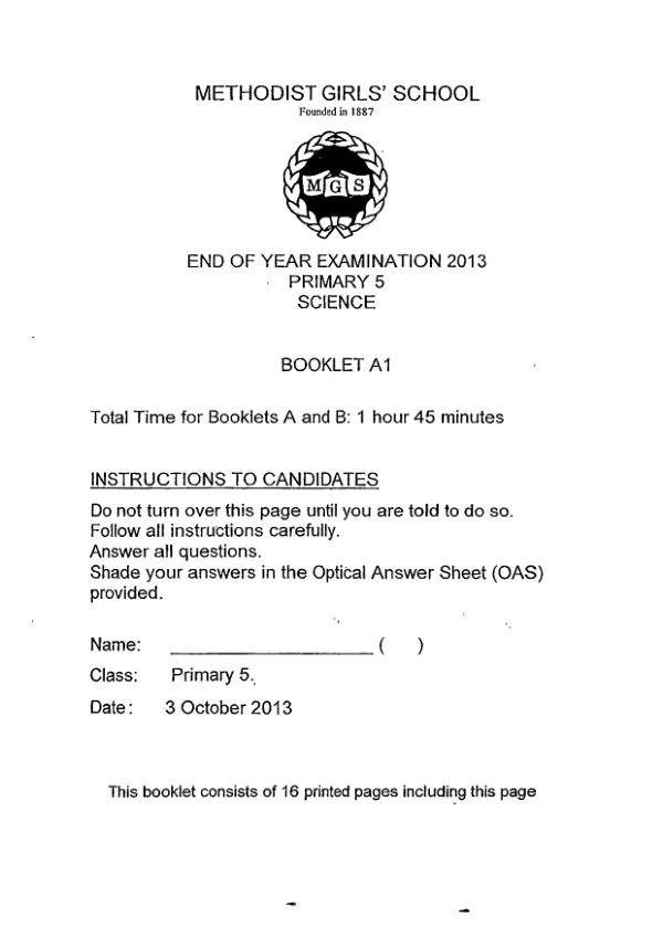 Methodist Girls P5 Sci SA2 2013 exam paper PDF preview