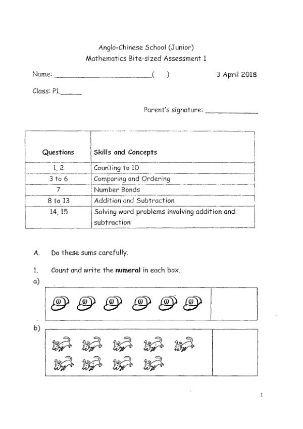 First page preview of P1 Math 2018 WA1 — Anglo Chinese