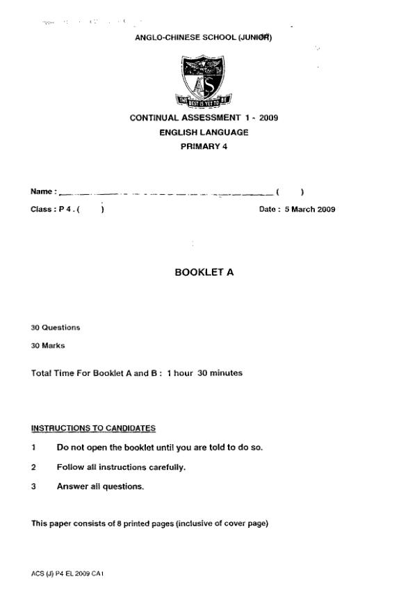 Anglo Chinese P4 Eng WA1 2009 exam paper PDF first page preview